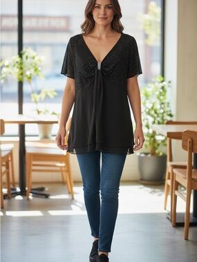 Dress Barn Black V-Neck Beaded Layered Tunic